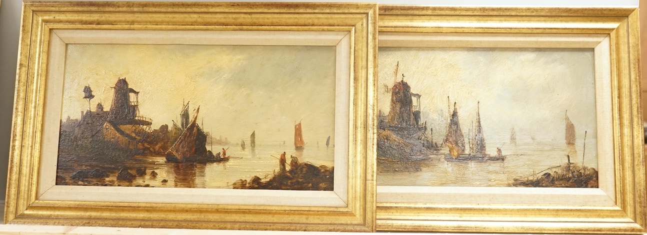 19th century, Dutch School, Riverscapes with windmills and boats, unsigned, pair of oils on board, 20 x 39cm